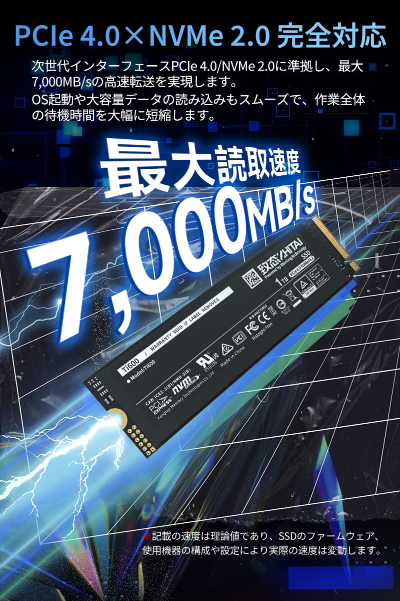 YMTC ZHITAI 1TB 内蔵SSD M.2 2280 R:7000MB/s W:6000MB/s PCIe 4.0